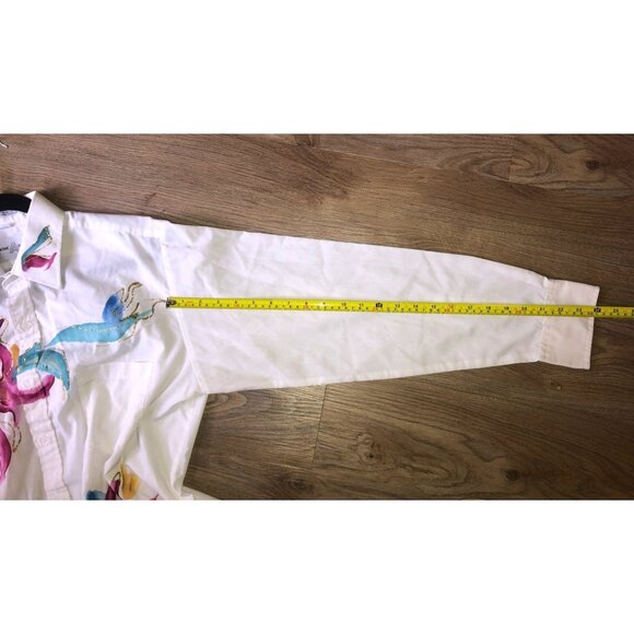 CREATIVE ARTWEAR- WOMENS WHITE FLORAL LONG SLEEVE BUTTOM FRONT SHIRT SIZE MEDIUM - Picture 6 of 6